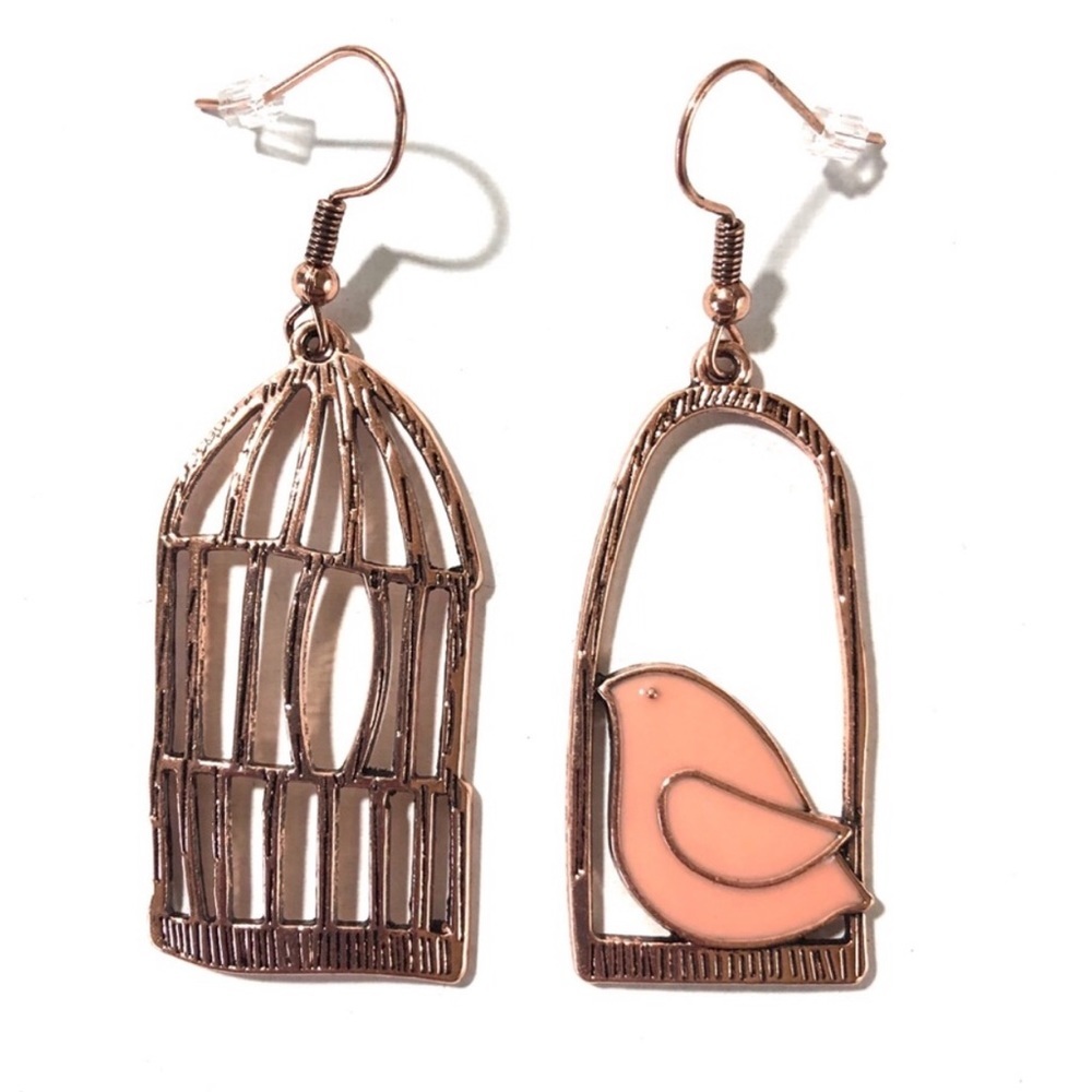 New pink bird and copper cage earrings
